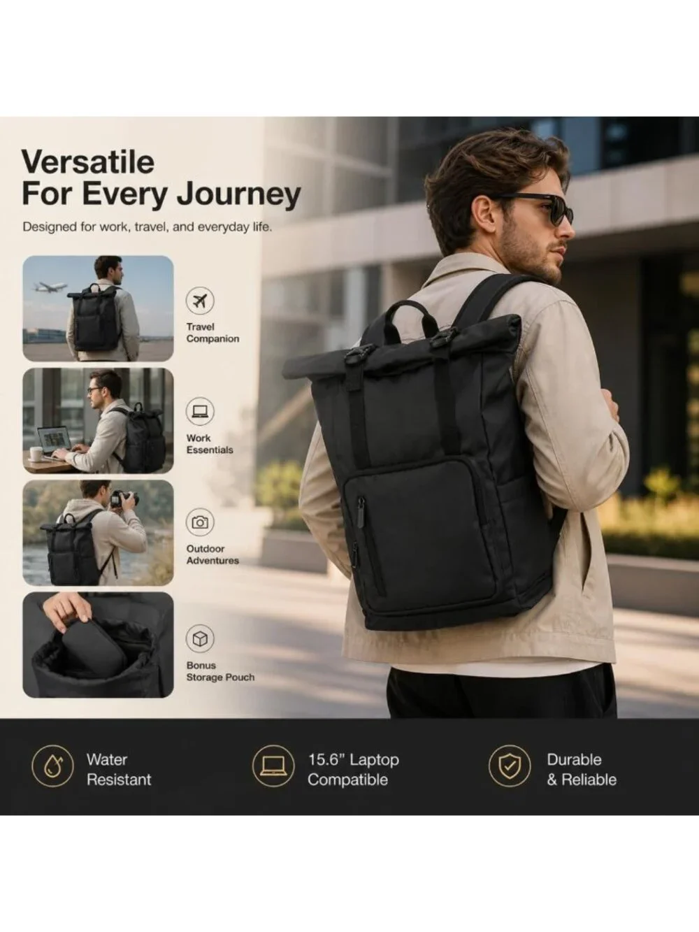 Water-Resistant Roll Top Laptop Backpack for Travel, Work & School - Fits
